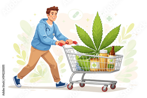 Vector Illustration of a Smiling Man with Stethoscope Pushing a Shopping Cart with a Giant Marijuana Leaf and CBD Products, Representing Legal Medical Cannabis Purchase and Healthcare Access.