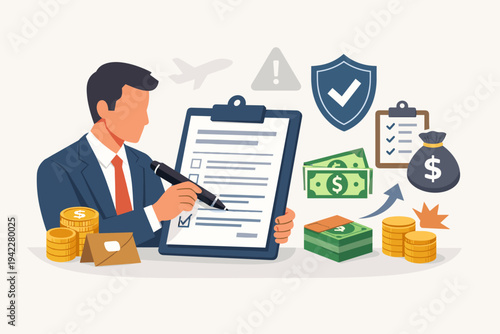 Businessman in a suit filling out an insurance claim form for financial compensation or reimbursement, featuring icons of money, coins, cash, protection shield, and checklist in a flat vector.