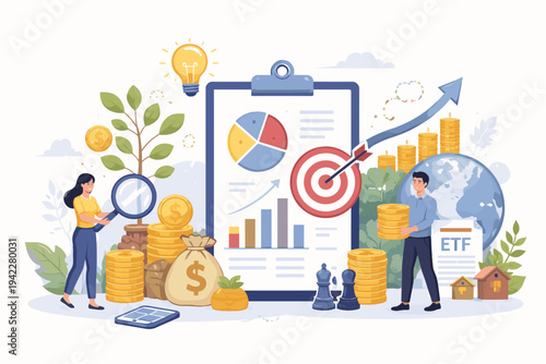 Investment Goals and Strategy Concept Illustration with People Managing Portfolio Diversification, Financial Planning, Wealth Growth, ETF, Real Estate, and Stock Market Analysis for Business Success.