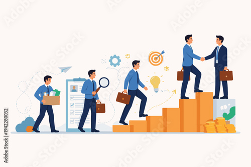 Career Growth and Job Change Vector Illustration of a Professional Man Leaving Old Employment, Searching for Opportunities, Climbing Success Stairs, and Shaking Hands for a New Business Position.