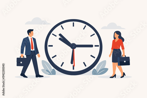 Vector illustration of a professional businessman and businesswoman with briefcases walking past a giant clock, concept of time management, deadline, work schedule, punctuality, and productivity.