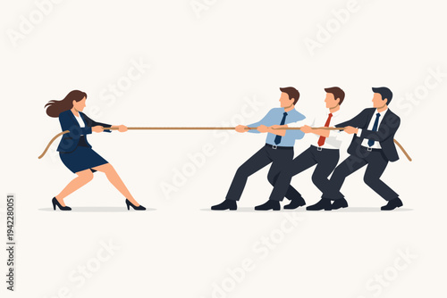 Businesswoman in a Tug of War Against a Group of Male Coworkers, Flat Vector Illustration Representing Gender Inequality, Workplace Competition, Corporate Struggle, and Female Empowerment Concept.