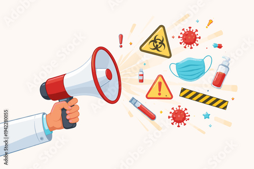 Medical doctor hand holding megaphone announcing quarantine alert with pandemic icons like face masks, virus cells, biohazard signs, and hand sanitizer for health safety and emergency warning.