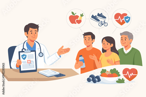 Male doctor holding a health insurance claim form while advising a group of people on wellness, including balanced diet, physical activity, and heart health, flat vector style illustration.
