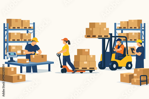 Warehouse workers managing inventory and shipping logistics with forklift, pallet jack, and storage shelves, flat vector illustration of a busy distribution center and supply chain operation.