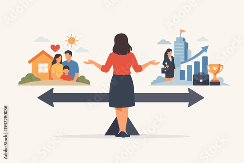 Woman standing on a scale making a choice between family life and professional career success, flat vector illustration of work-life balance, personal happiness versus business achievement.