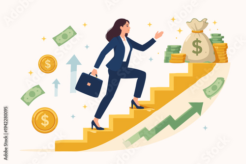 Successful businesswoman climbing stairs to reach a money bag, symbolizing career advancement, financial success, wealth, and professional growth. Vector illustration of ambition and achievement.