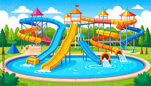 A colorful cartoon water park with slides and a pool on transparent background