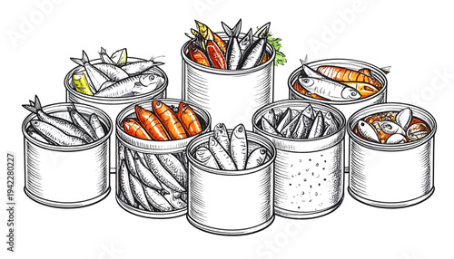 A vector graphic illustration of canned fish and seafood on a transparent background