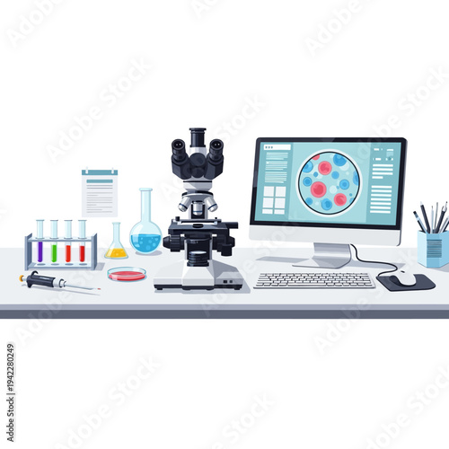 Modern Science Laboratory with Microscope, Computer, and Scientific Equipment