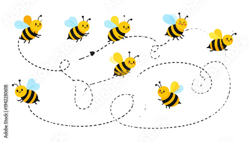 A vector graphic illustration of happy bees flying in a swirling pattern on transparent background