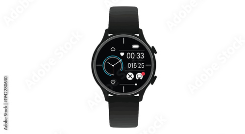 Black circular digital wristwatch displays time, heart rate, and battery icons on its glowing AMOLED screen against a stark white background.