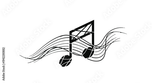Elegant musical eighth note symbol rendered in dark graphic lines flows through wavy musical staff lines creating a sense of harmonious melody against the bright white canvas.