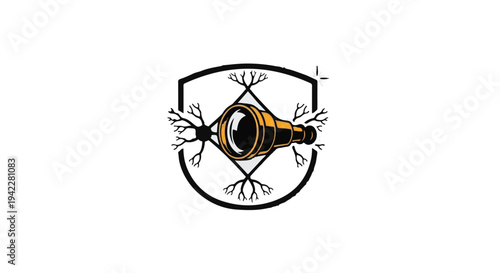 Stylized black and gold telescope graphic centered within a protective shield featuring branching neural network elements on a stark white background, suggesting vision or research.