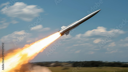 Sleek interceptor missile ascending with blazing exhaust and dynamic sky