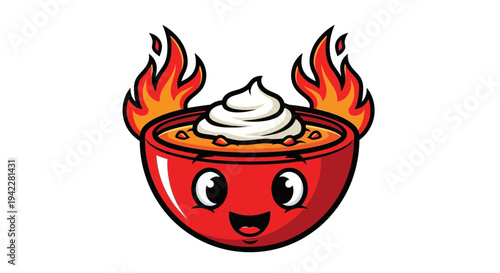 A cartoon red bowl with flames and whipped cream on top smiling.