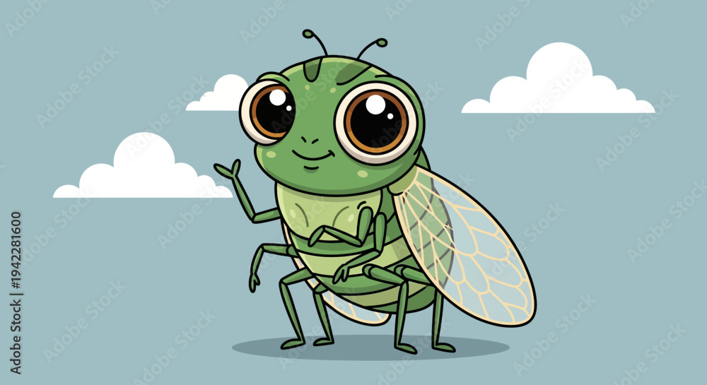 Obraz premium A cartoon green insect with big eyes.