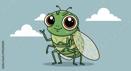 A cartoon green insect with big eyes.