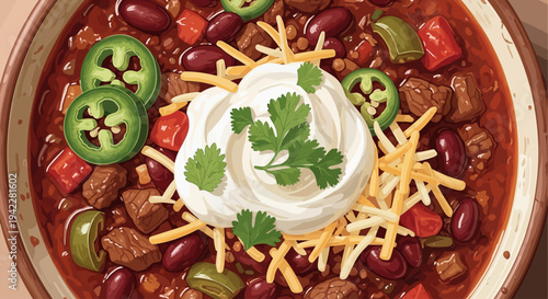 A bowl of chili con carne topped with cheese sour cream and herbs.