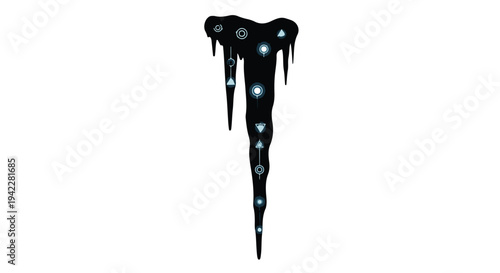 A stylized, dark icicle featuring glowing cyan geometric shapes and small light points against a pure white background provides an abstract winter graphic element.