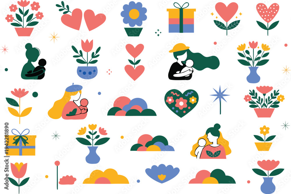 Obraz premium A colorful vector graphic illustration of Mother's Day icons and symbols