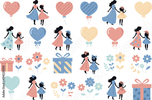 A colorful vector graphic illustration of mothers and daughters with balloons and gifts