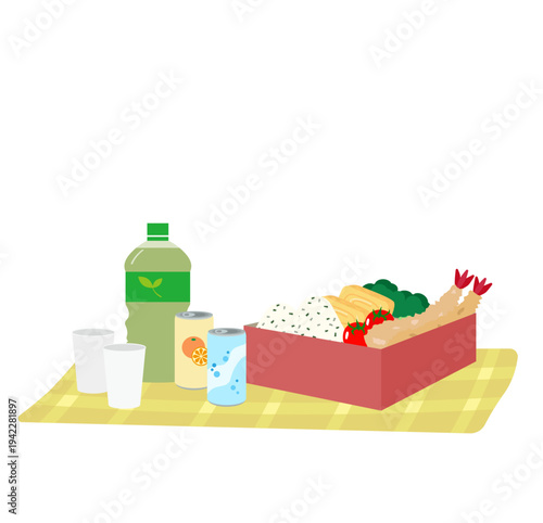 お重弁当と飲み物を広げたレジャーシートのイラスト(お花見や運動会の行楽シーン)