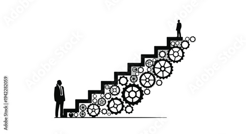 Silhouette of a man ascending stairs made of gears, symbolizing progress and mechanical advancement.