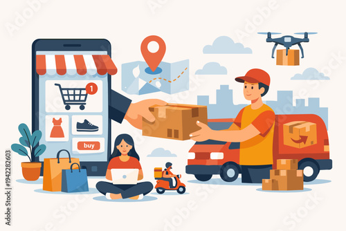 E-commerce and fast delivery service concept illustration with smartphone app, delivery man receiving parcel, drone shipping, courier van, and a woman shopping online with laptop. Flat vector.