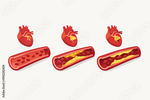 Medical Illustration of Coronary Artery Disease Showing Three Stages of Atherosclerosis with Plaque Buildup in Heart Arteries, Cholesterol Accumulation, and Restricted Blood Flow Flat Vector Art