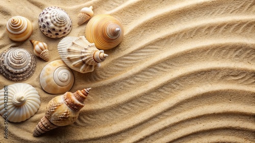 Seashells arranged on a sandy beach, showcasing their intricate textures and natural beauty