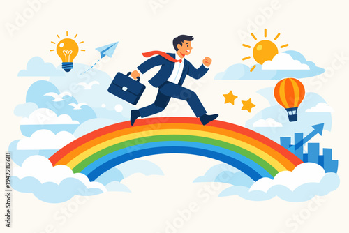 Successful businessman running on a rainbow bridge towards a bright future, concept of inspiration, imagination, creativity, positive thinking, career growth, ambition, and achieving goals.