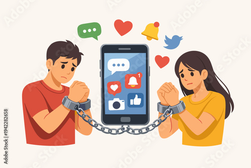 Nomophobia Concept with Man and Woman Handcuffed to a Smartphone with Social Media Icons, Illustrating Smartphone Addiction, Fear of Missing Out FOMO, Digital Slavery, and Technology Dependency.