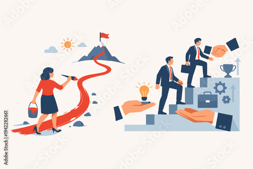 Business Woman Painting Her Own Career Path to Success vs Businessman Being Supported by Corporate Mentorship and Career Ladder Concept Illustration of Individual Initiative and Teamwork