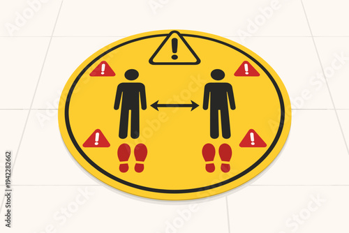 Yellow circular floor sticker sign with warning icons and social distancing reminder for customers, featuring black human silhouettes, red footprints, and arrows on a white tiled floor background.