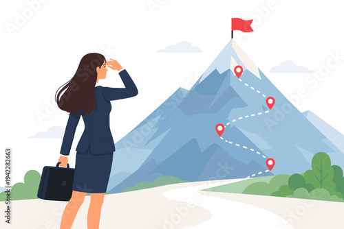 Businesswoman with briefcase looking at a mountain peak with a red flag, representing career goals, success, ambition, and a strategic path to achievement. Flat vector concept illustration.