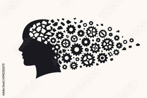 Human Head Silhouette with Brain Breaking into Gears and Mechanical Pieces, Symbolizing Memory Loss, Dementia, Alzheimer's Disease, Mental Health, Cognitive Decline, and Psychology Concept