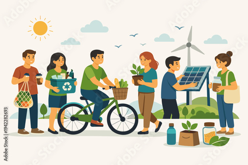 Vector Illustration of Diverse People Practicing Sustainable Living and Eco-Friendly Lifestyle Choices with Recycling, Solar Energy, Wind Power, Biking, and Zero Waste Shopping in Flat Design.