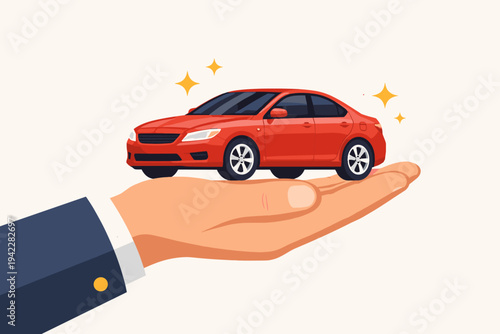 Vector illustration of a businessman's hand holding a shiny new red car with sparkles, representing car sales, insurance, rental services, or automotive ownership on a clean light background.