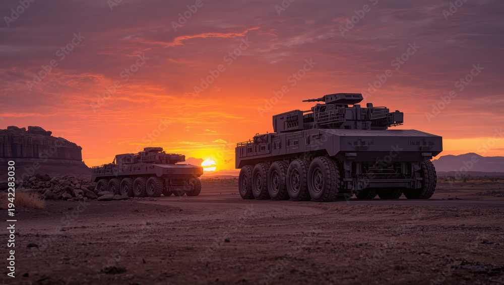 Fototapeta premium Armored vehicle military vehicle desert sunset rugged terrain wheeled vehicle armored personnel