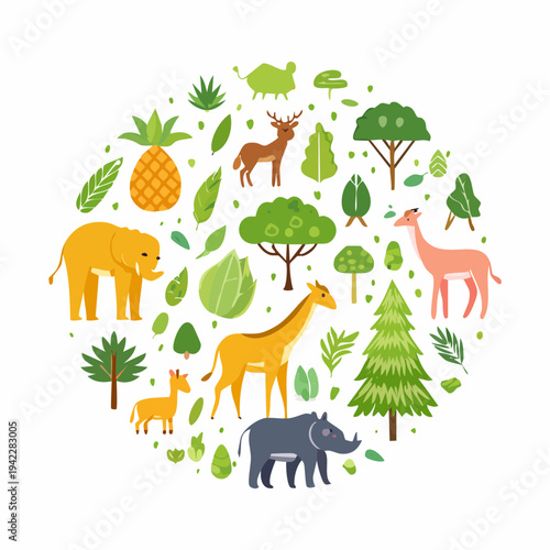 Diverse animals and plants gathered together in a circular graphic illustration of wildlife