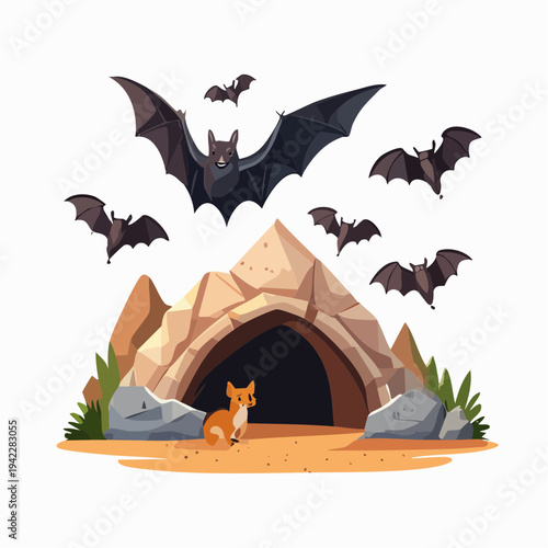 A curious fox stands before a cave surrounded by flying bats in a rocky landscape illustration
