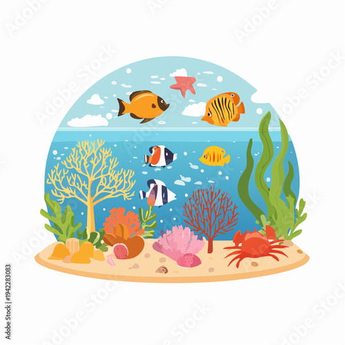 Underwater scene with fish, crab, and plants in a glass container viewed from the side