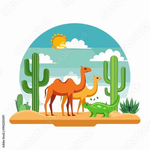 Illustration of camel and lizard standing together in a desert landscape with cacti and clouds under a sunny sky