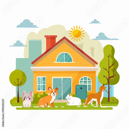 A house with animals outside on a sunny day in a suburban environment viewed from the front.