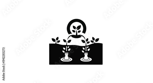 Black and white illustration of a sustainable water system for plant cultivation
