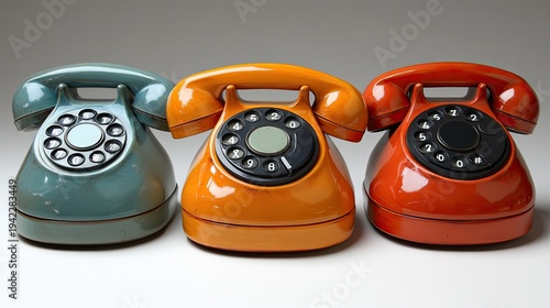 Nostalgic communication: A trio of vintage rotary dial telephones in vibrant colors