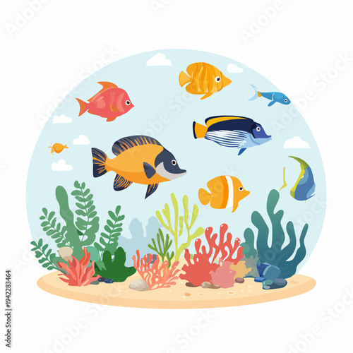 Colorful fish swim inside a transparent glass bowl with coral and plants underwater scene