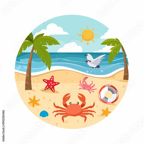 Serene beach scene with crab, starfish, and seagull in a circular frame with palm trees and ocean waves