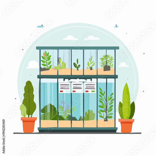 Modern terrarium with lush plants and water feature in a cozy indoor setting illustration